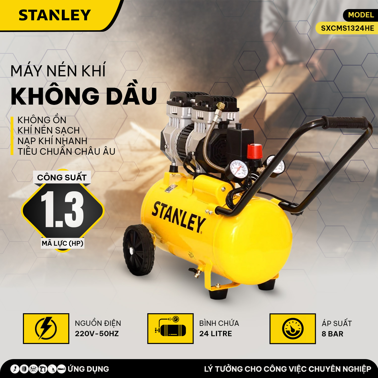 Máy Nén Khí Không Dầu 24L Stanley SXCMS1324HE, Công Suất 1.3Hp