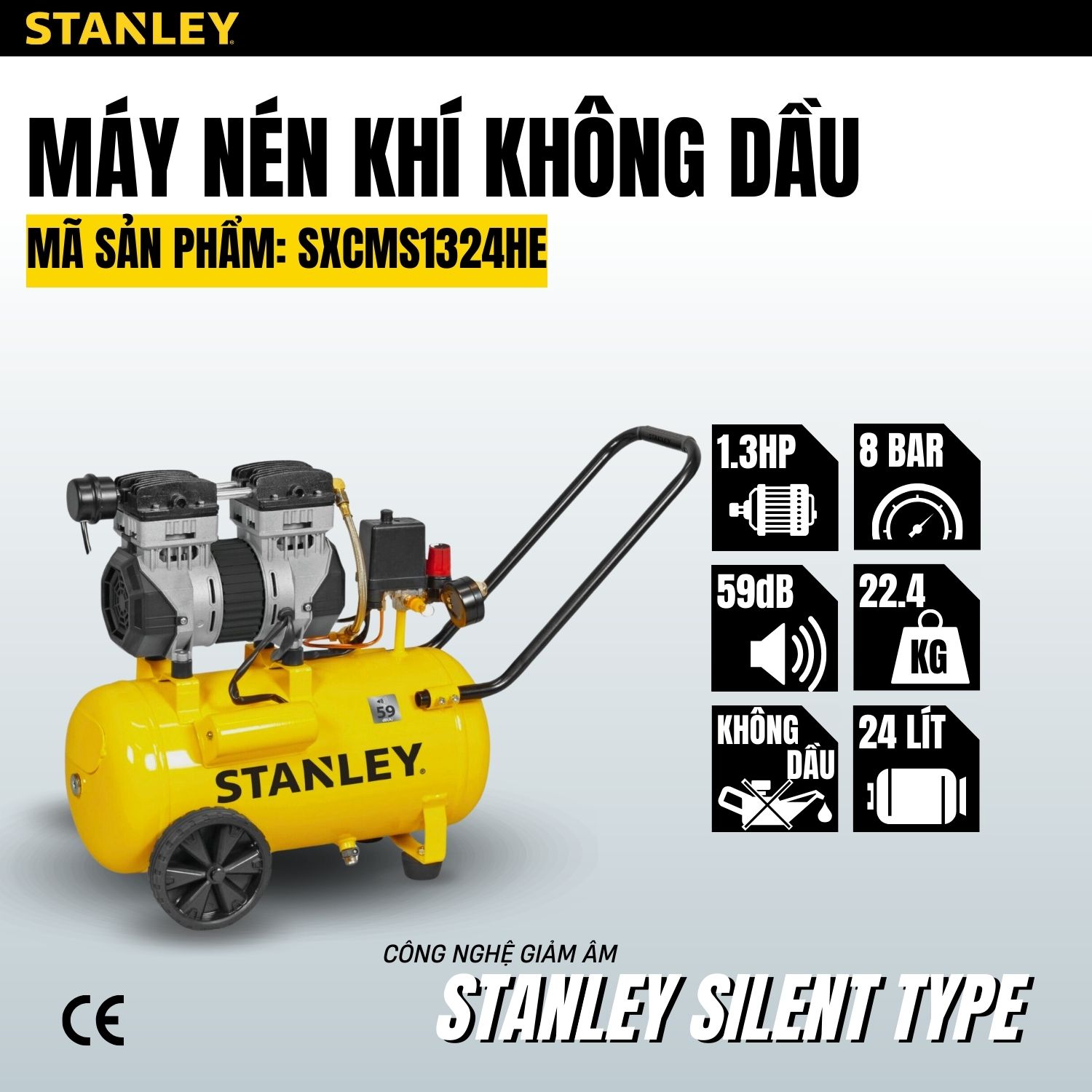Máy Nén Khí Không Dầu 24L Stanley SXCMS1324HE, Công Suất 1.3Hp