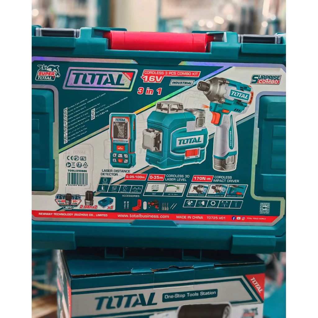 Bộ Combo Máy Siết Vít, Máy đo Mức Cân Bằng Tia Laser Xanh, Máy đo Khoảng Cách Dùng Pin 16V Total TOSLI250886