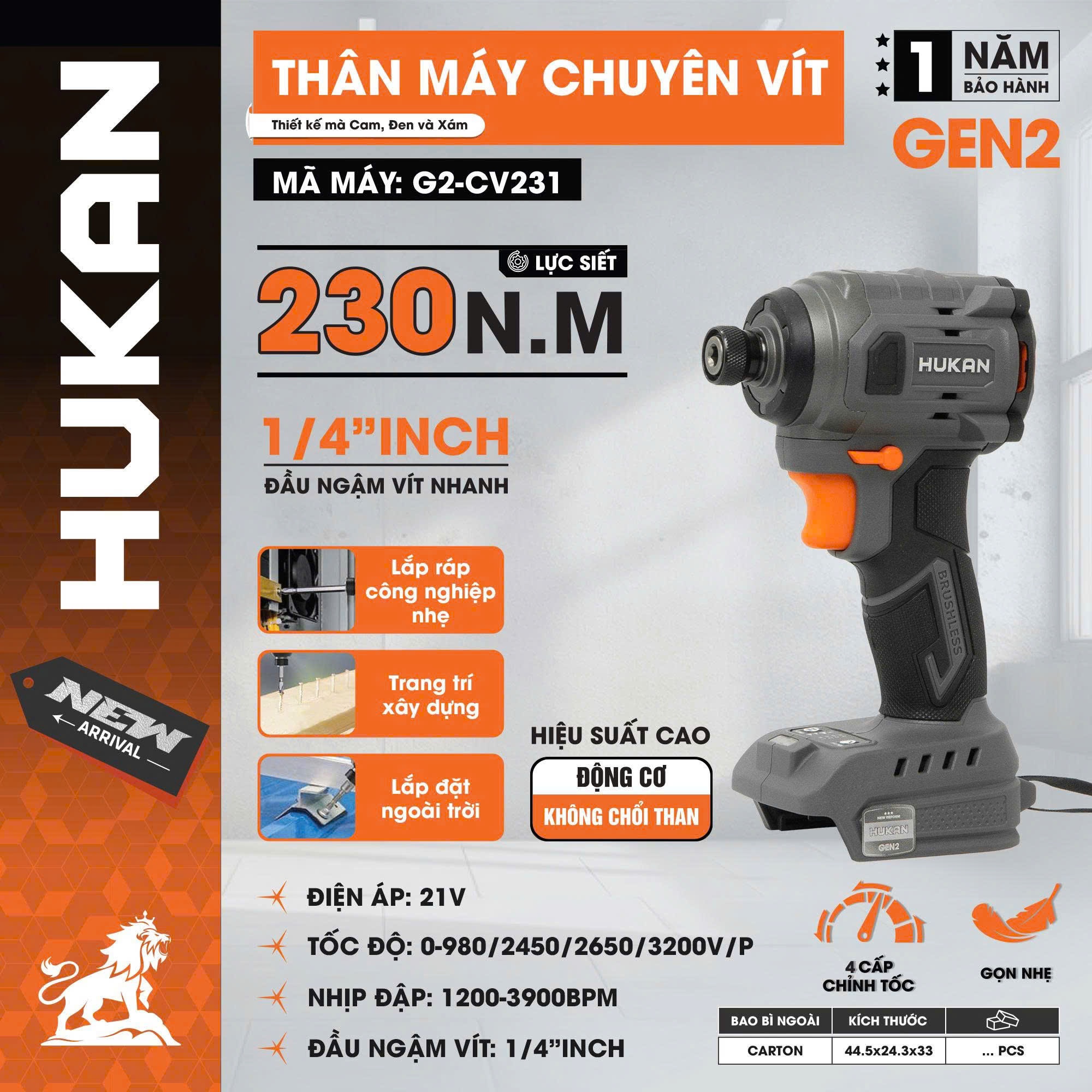 Thân Máy Chuyên Vít Búa Pin 21V Hukan G2-CV231 Lực Siết 230Nm động Cơ Không Chổi Than