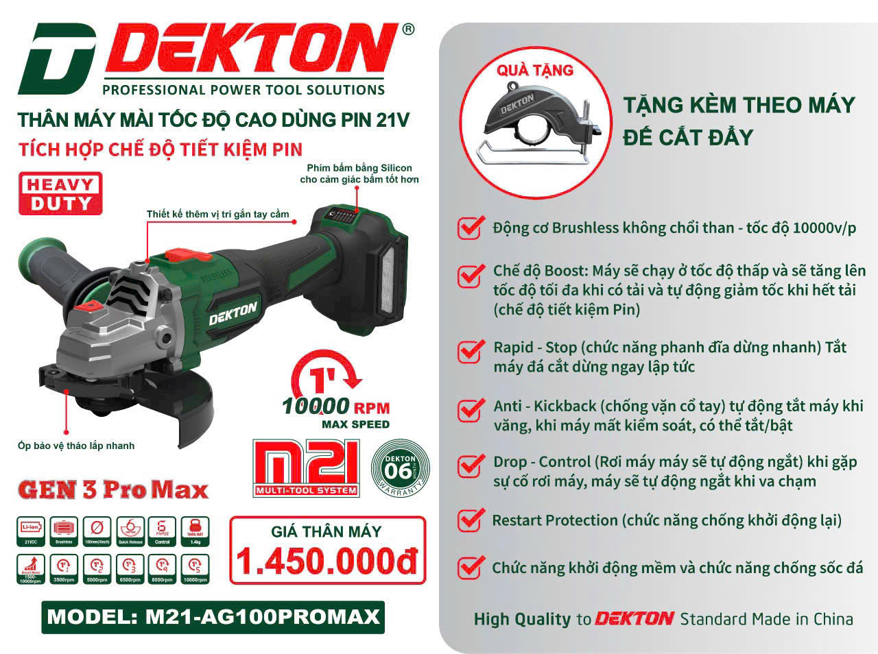 Máy Mài Góc Dekton M21-AG100promax Dùng Pin Tốc Cao Nhiều Tính Năng An Toàn AG100PROMAX