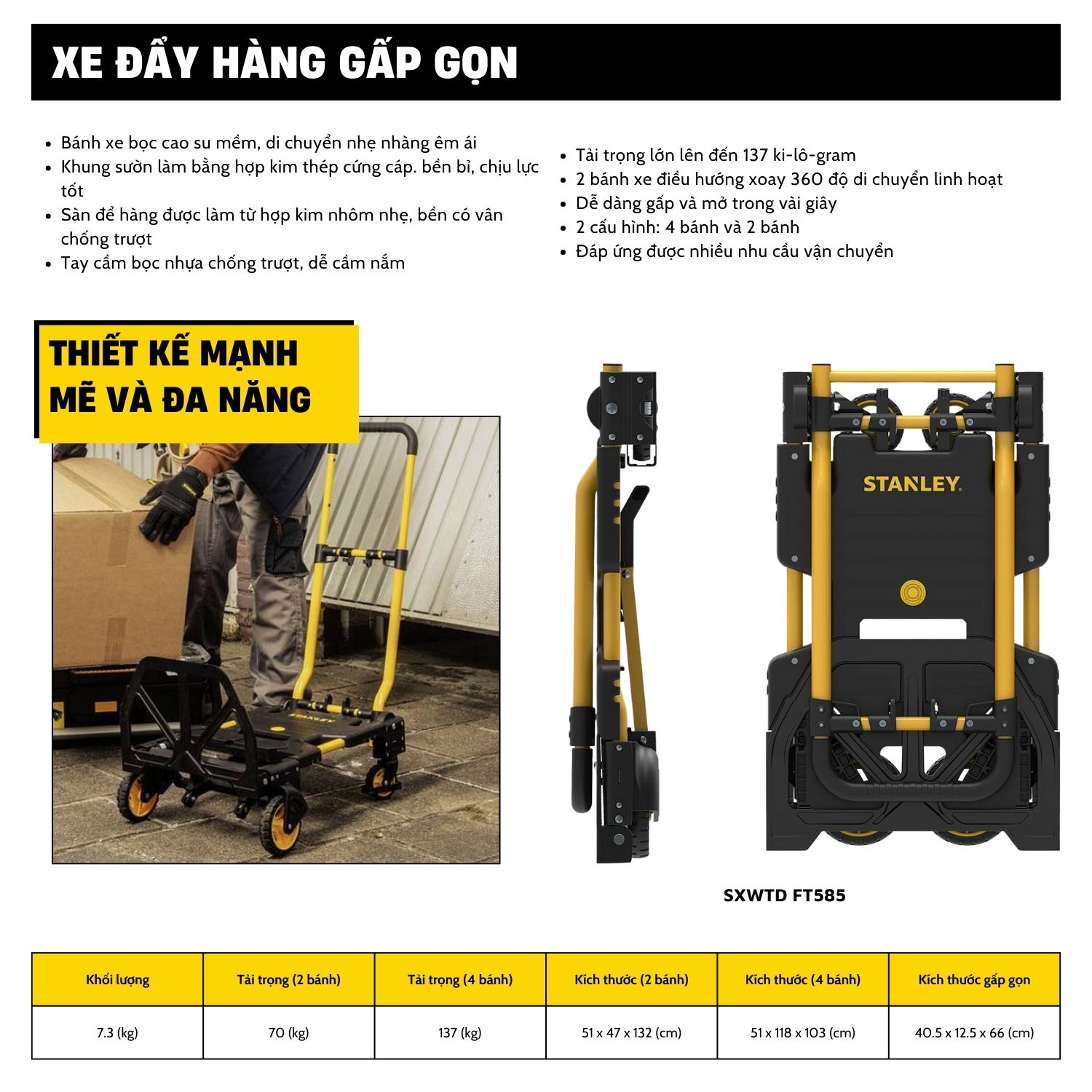 Xe Đẩy Đa Năng Gấp Gọn Stanley FT585 Chính Hãng, Tải Trọng 70/137Kg