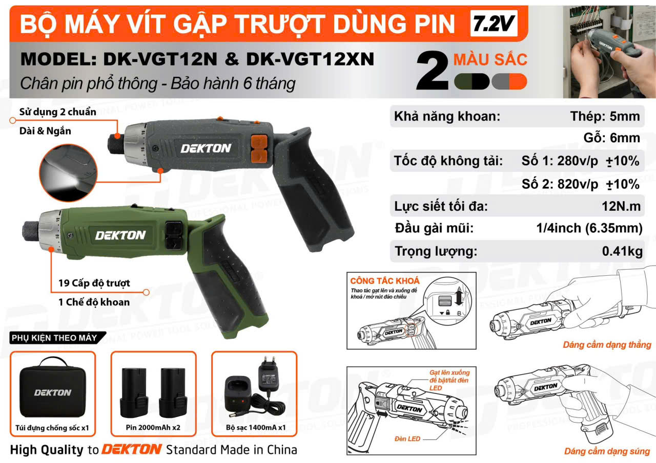Máy Vặn Vít Gập Dùng Pin 7.2V Dekton DK-VGT12N Màu Xám, Pin 2000mAh X2