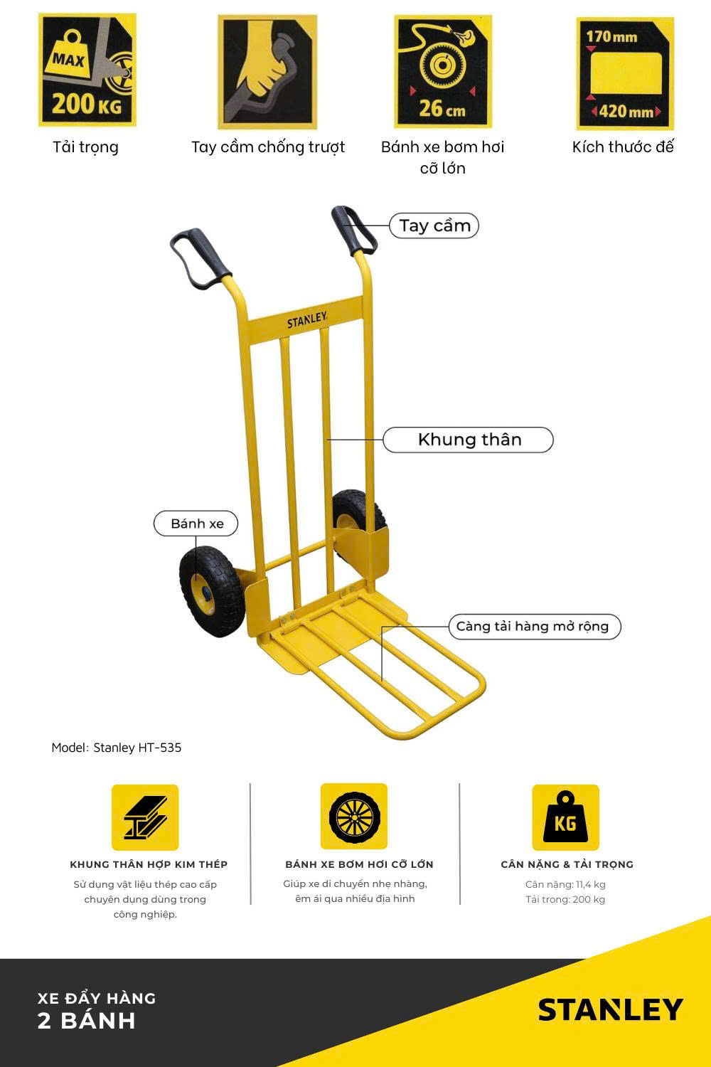 Xe đẩy Hàng 2 Bánh Stanley-USA HT535, Tải Trọng 200kgs