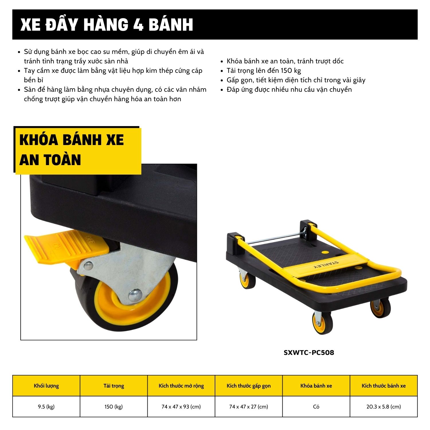 Xe đẩy Hàng 4 Bánh Gấp Gọn Stanley PC508, Tải Trọng 150kgs