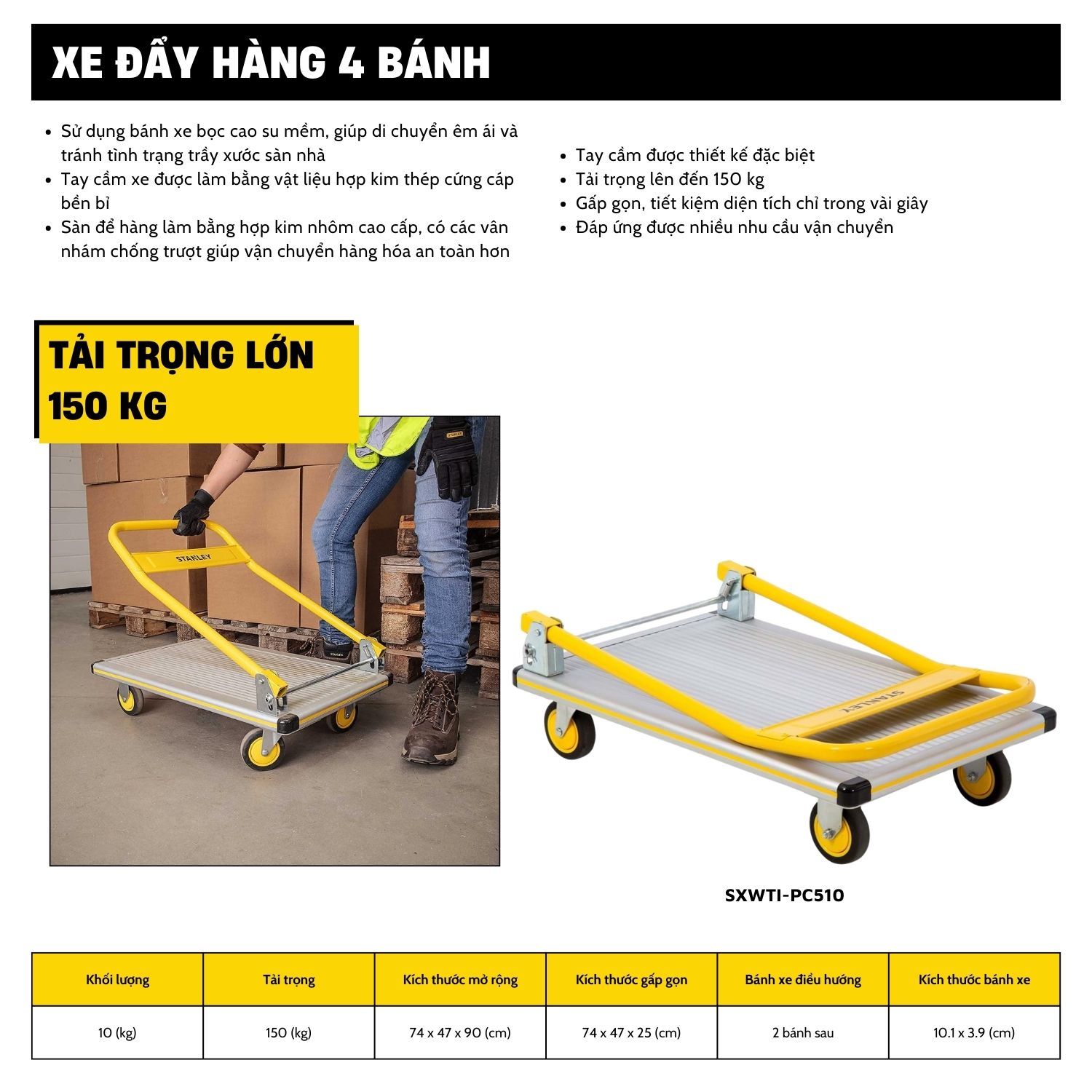 Xe đẩy Hàng 4 Bánh Gấp Gọn Stanley PC510, Tải Trọng 150kgs