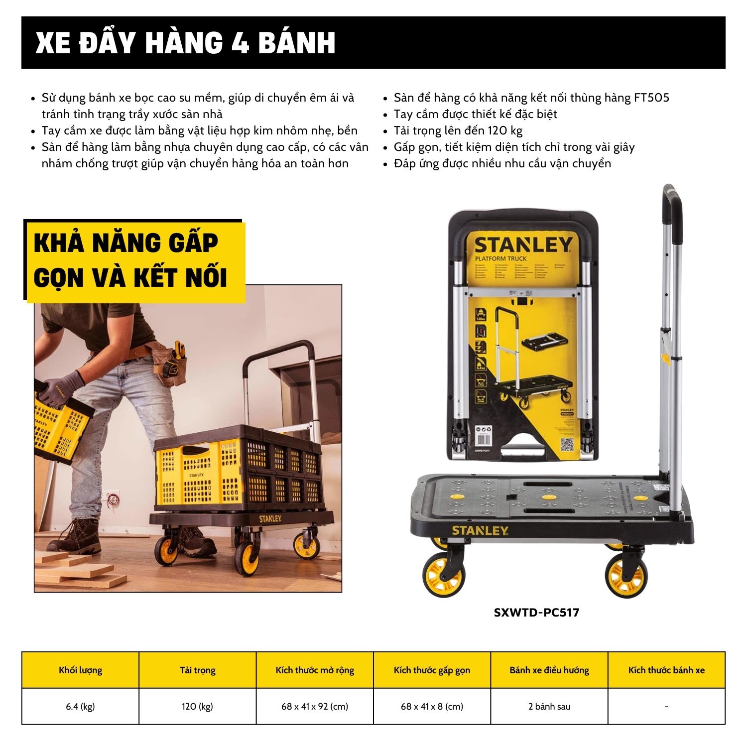 Xe đẩy Hàng 4 Bánh Stanley PC517, Tải Trọng 120kgs