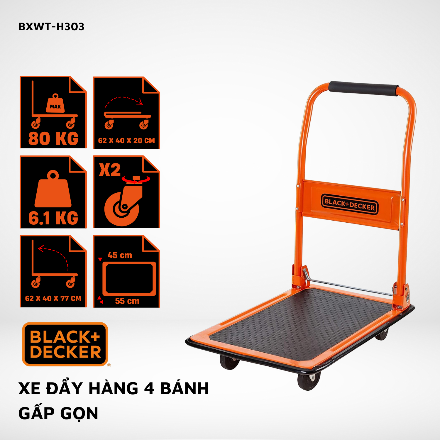 Xe đẩy Hàng H303 4 Bánh Cao Cấp Tải Trọng 80kg Thương Hiệu Black And Decker (Mỹ)