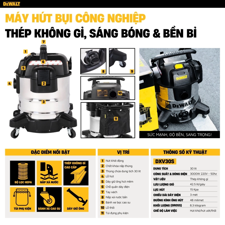 Máy Hút Bụi Công Nghiệp 3 Chức Năng ướt/khô/thổi Dewalt  DXV30S 30L