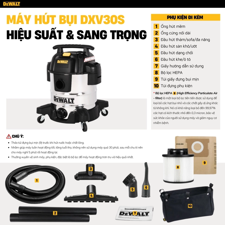 Máy Hút Bụi Công Nghiệp 3 Chức Năng ướt/khô/thổi Dewalt  DXV30S 30L