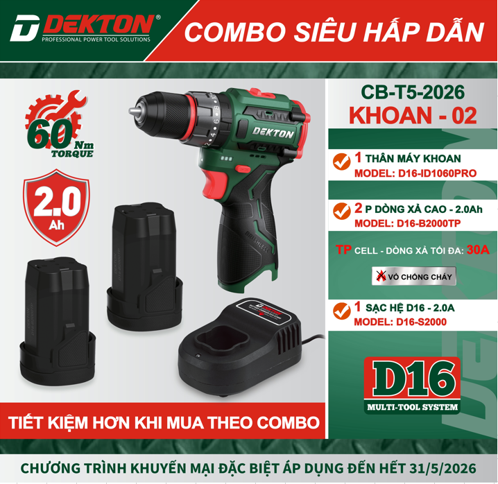 Thân Máy Khoan động Lực Dekton Pin 16.8V D16-ID1060PRO 60Nm, Động Cơ Không Chổi Than