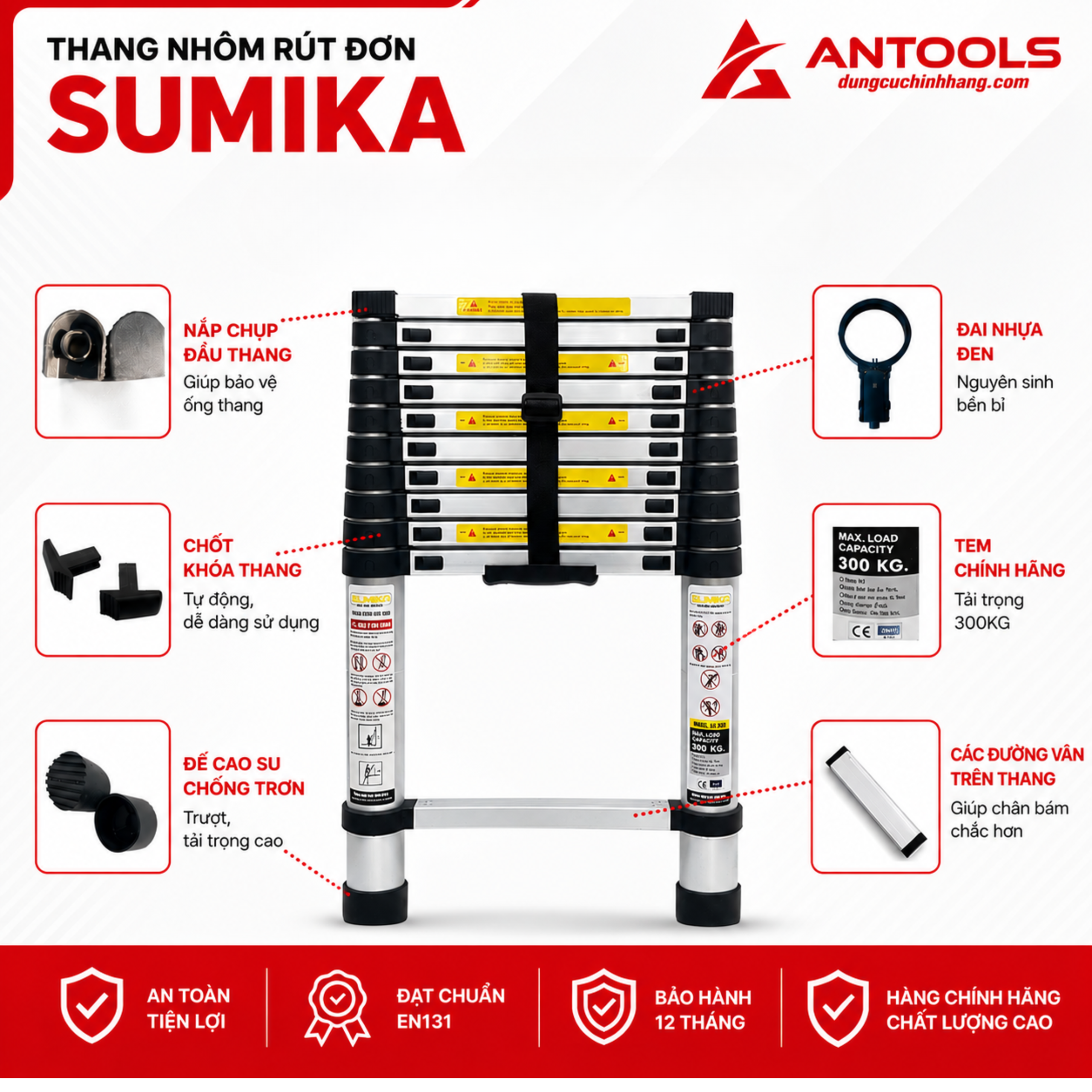 Thang Nhôm Rút Đơn Đai Đen Cao 3m8 Sumika SK380
