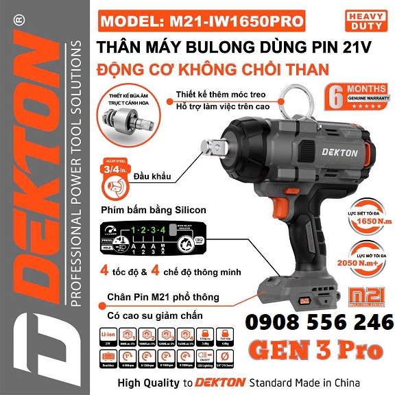 Máy Siết Bulong đầu 3/4 Inch 1650Nm Dùng Pin Phổ Thông Dekton M21-IW1650PRO