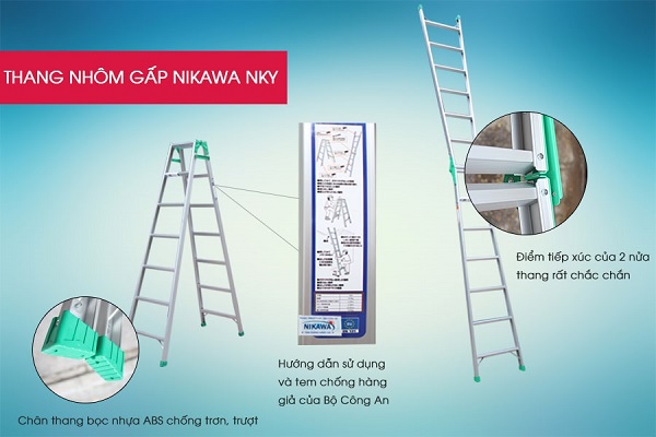 Thang Nhôm Gấp Đa Năng 8 Bậc Nikawa NKY-8C, Cao Chữ A 2m3, Cao Chữ I 4m75