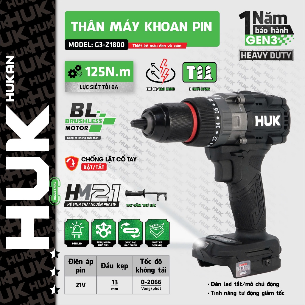 Máy Khoan Pin HUKAN HUK G3-Z1800, Không Chổi Than 125Nm, Có Tạo Xung + Chống Lật Cổ Tay