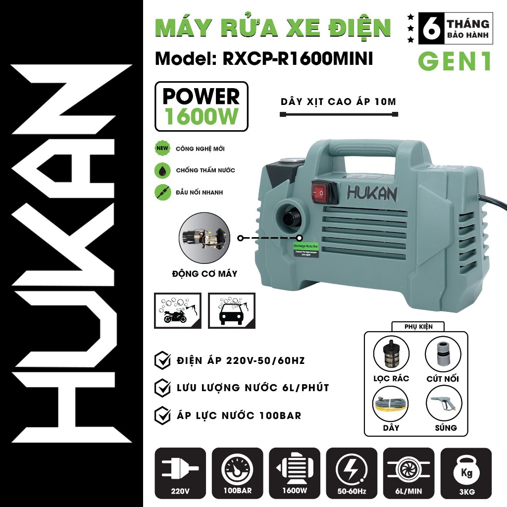 Máy Rửa Xe áp Lực HUKAN RXCP-R1600MINI, Tặng BGN504BD Công Suất 1600W, Thiết Kế Hiện đại Nhỏ Gọn