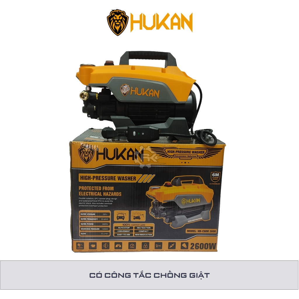 Máy Rửa Xe HUKAN HK-CWM2600,Có Chống Giật, Công Suất Lớn 2600W, Động Cơ Dây đồng Nguyên Chất
