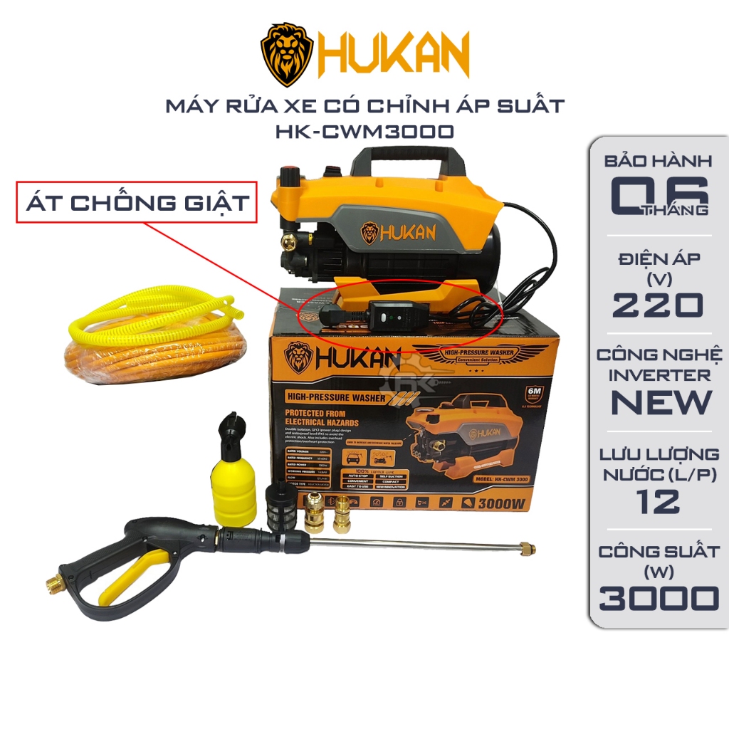 Máy Rửa Xe Chỉnh áp HUKAN HK-CWM3000, Công Suất 3000W, Có ÁT CHỐNG GIẬT, Công Nghệ INVERTER MỚI