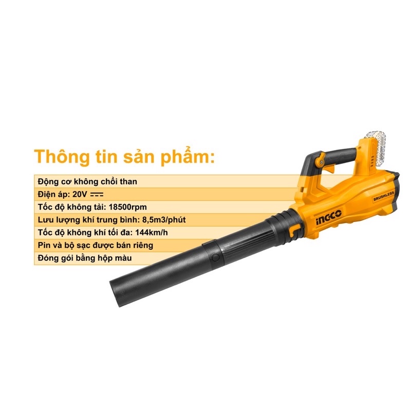 Máy Thổi Bụi / Thổi Lá Dùng Pin INGCO 20V CABLI20428 ( Động Cơ Ko Chổi Than )