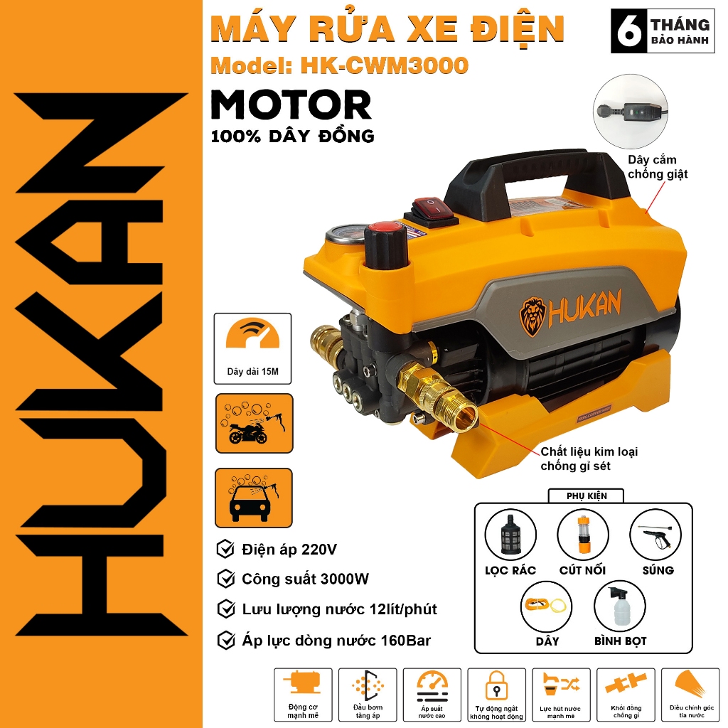 Máy Rửa Xe Chỉnh áp HUKAN HK-CWM3000, Công Suất 3000W, Có ÁT CHỐNG GIẬT, Công Nghệ INVERTER MỚI