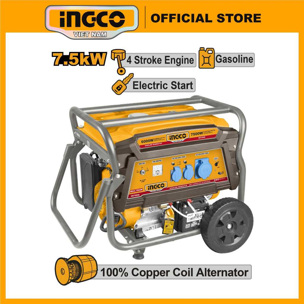 Máy Phát điện Chạy Xăng 7.5KW INGCO GE75006 Dây đồng 100% Dùng Cho Gia đình, Công Ty Loại đề điện Và Giật Nổ