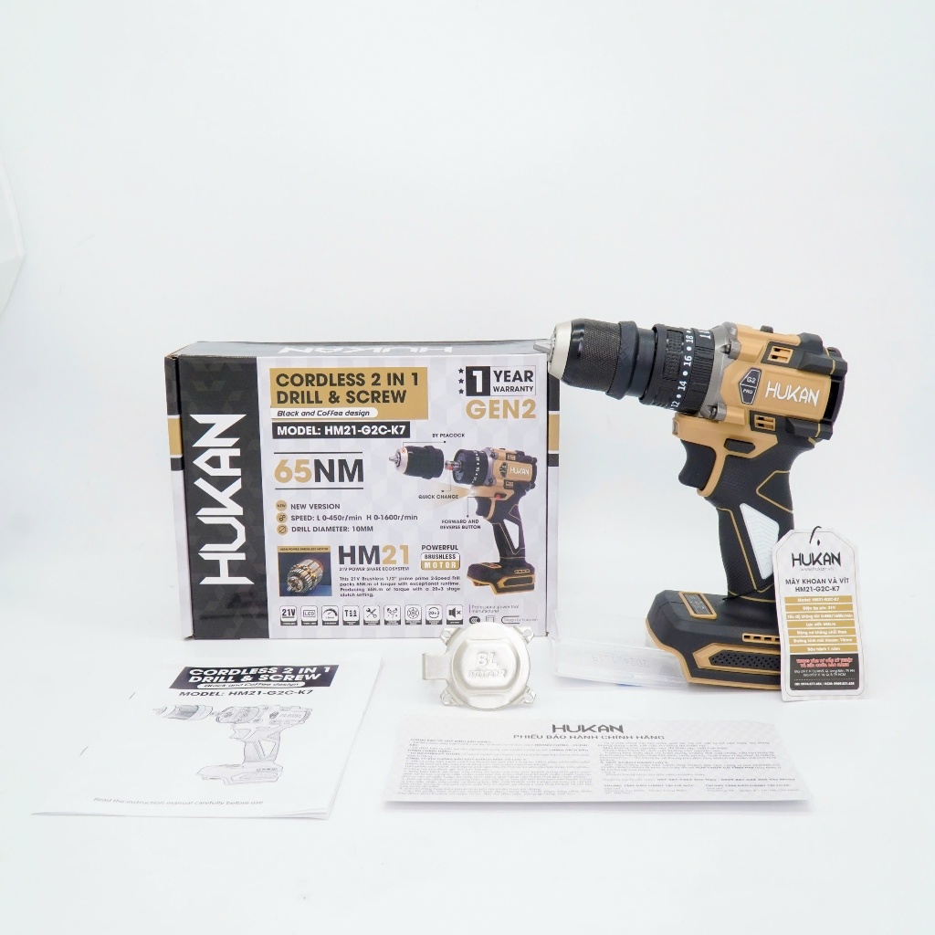 Máy Khoan Pin Kèm Bắn Vít HUKAN HM21-G2C-K7, Không Chổi Than, 3 Chức Năng, , 10mm, Đầu Kẹp Peacock