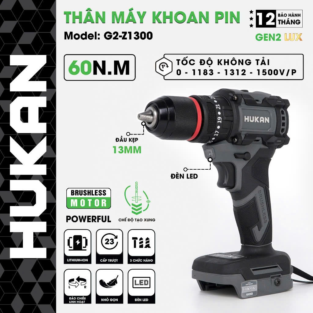 Máy Khoan Pin HUKAN G2-Z1300, Không Chổi Than, 60Nm, 3 Chức Năng 13 Ly, Có Khóa Trục CÓ TẠO XUNG