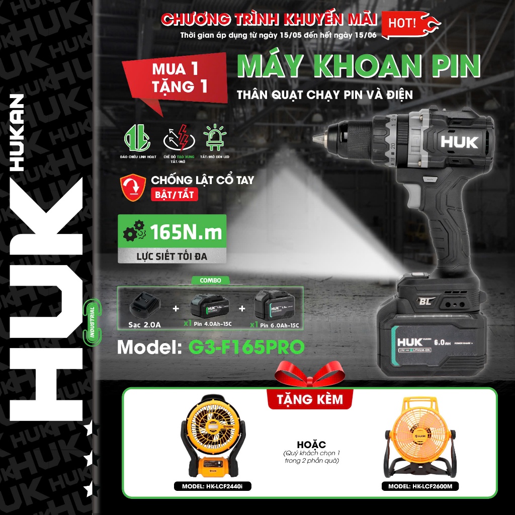Máy Khoan Pin HUKAN HUK G3-F165PRO Không Chổi Than 165Nm Chống Lật Cổ Tay Tạo Xung