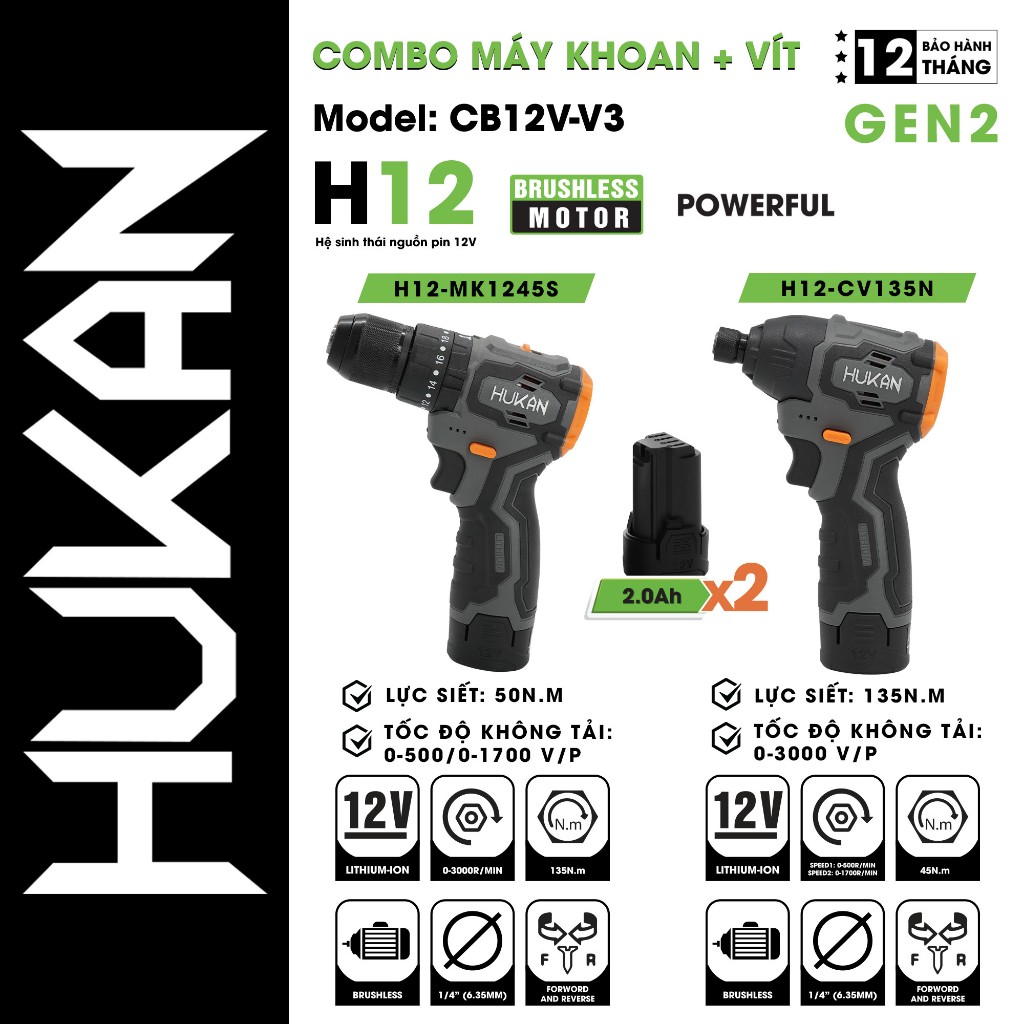 Combo Máy Khoan Pin + Máy Bắn Vít Pin HUKAN CB12V-V3, TẶNG MTM005M+5200S+G2BOX-HN5