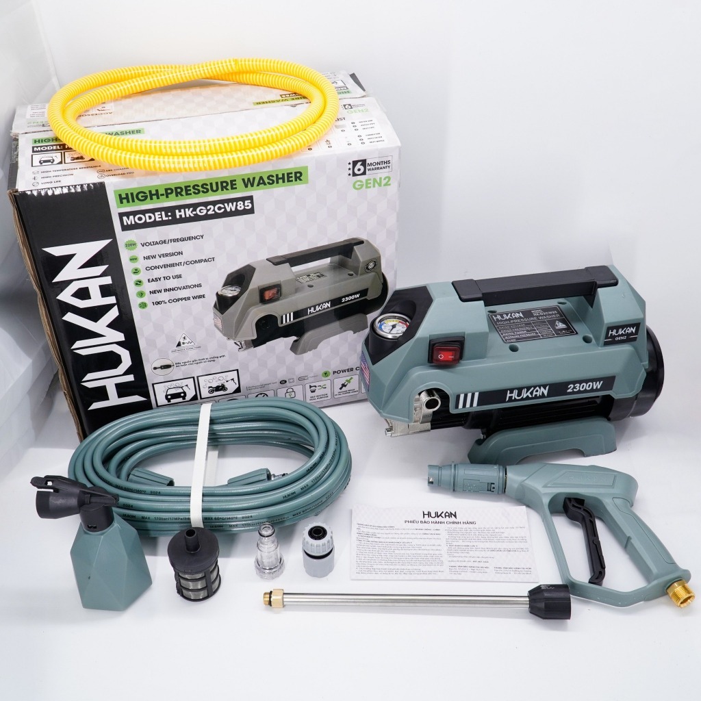 Máy Rửa Xe CÓ CHỐNG GIẬT HUKAN HK-G2CW85, Công Suất 2300W, Động Cơ Không Chổi Than, Lưu Lượng 9 Lit/phút