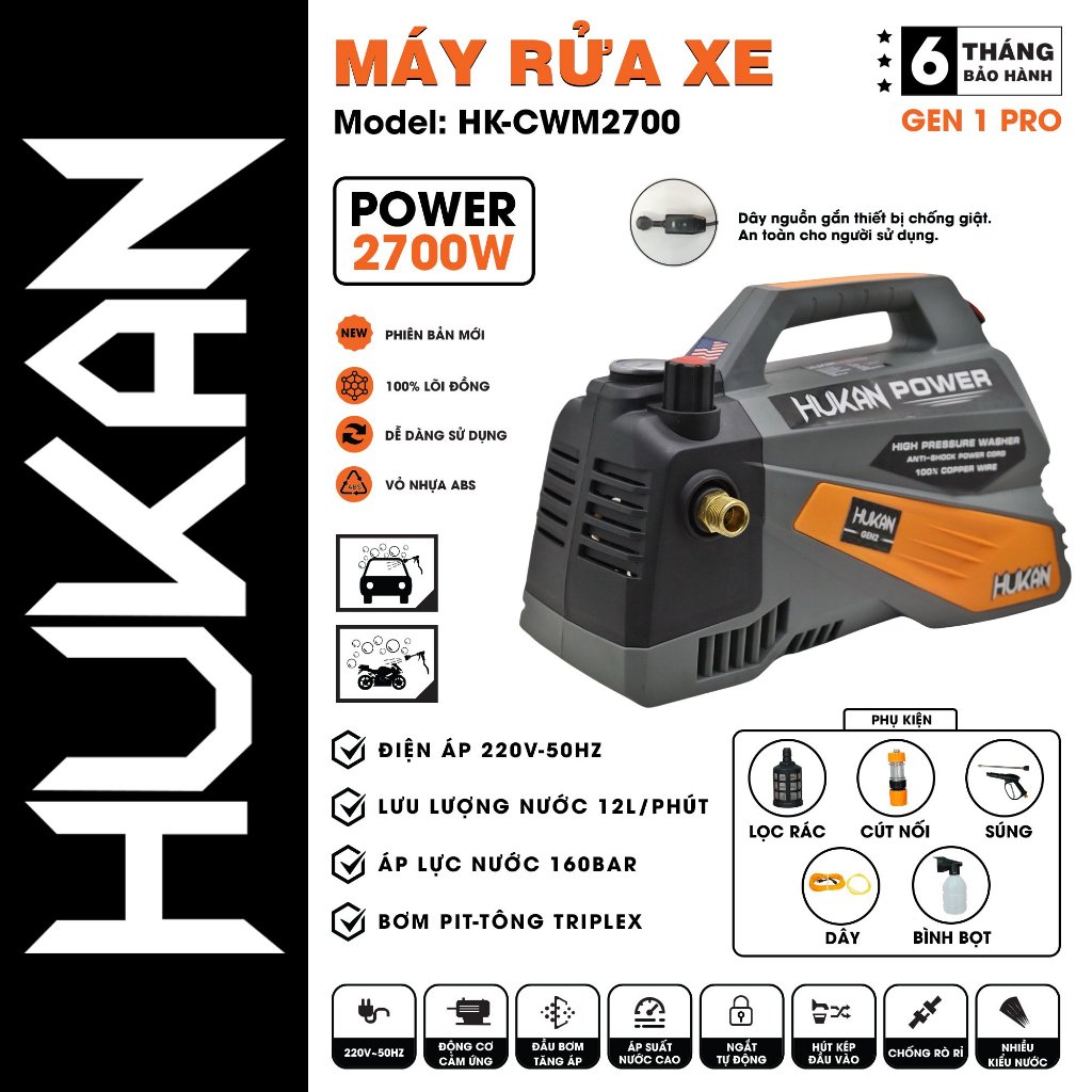 Máy Rửa Xe Chỉnh áp HUKAN HK-CWM2700, Công Suất 2700W, Có ÁT CHỐNG GIẬT, Bơm PIT-TÔNG TRIPLEX