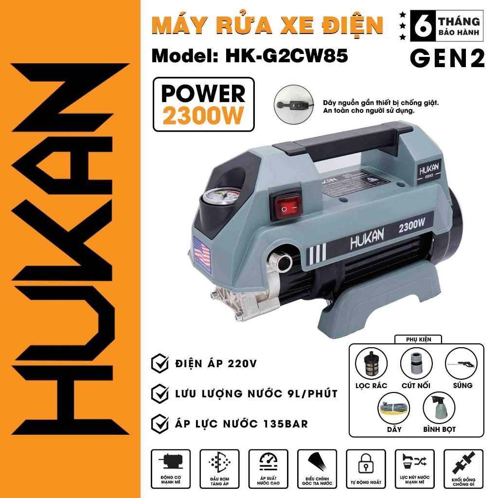 Máy Rửa Xe CÓ CHỐNG GIẬT HUKAN HK-G2CW85, Công Suất 2300W, Động Cơ Không Chổi Than, Lưu Lượng 9 Lit/phút