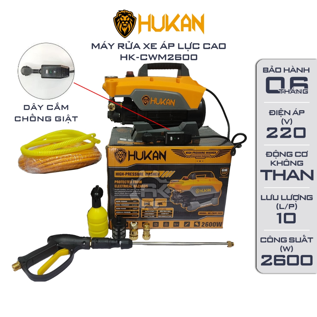 Máy Rửa Xe HUKAN HK-CWM2600,Có Chống Giật, Công Suất Lớn 2600W, Động Cơ Dây đồng Nguyên Chất