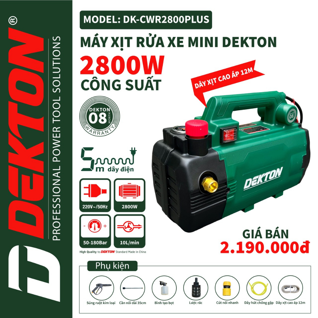 Máy Rửa Xe Dekton DK-CWR2800PLUS - Chỉnh Áp - Công Suất 2800W - Dây Nguồn 12m Tích Hợp Chống Giật