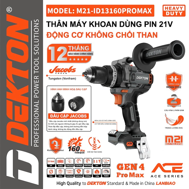 Máy Khoan Pin 21V Động Cơ Không Chổi Than DEKTON 160Nm M21-ID13160PROMAX