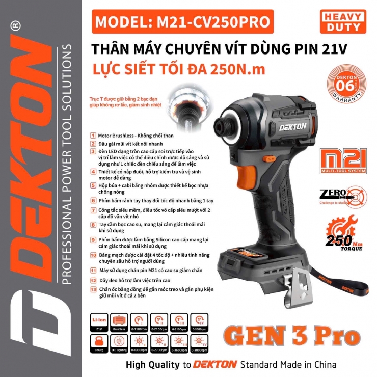 Máy Bắn Vít Pin Dekton M21-CV250PRO, Lực Siết 250 Nm, Bảo Hành 12 Tháng