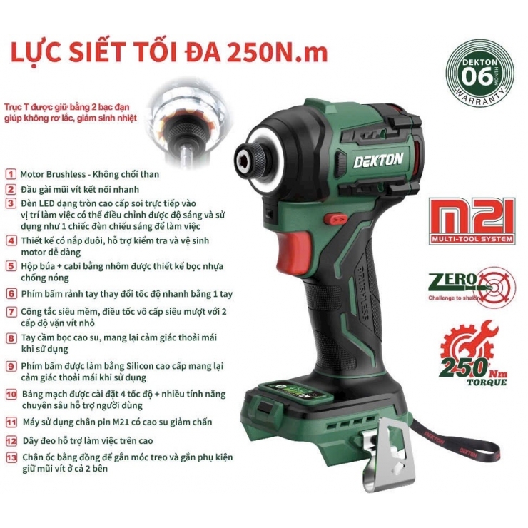 Máy Bắn Vít Pin Dekton M21-CV250PRO, Lực Siết 250 Nm, Bảo Hành 12 Tháng