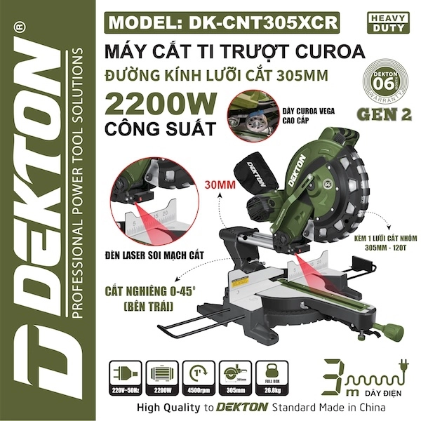 Máy Cắt Nhôm 305mm 2200W Curoa Dekton DK-CNT305XCR Ti Trượt 30mm