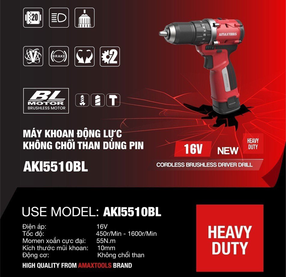 Máy Khoan Pin 16V Amaxtools AKI5510BL Kèm 2Pin 2.0Ah Và 1Sạc