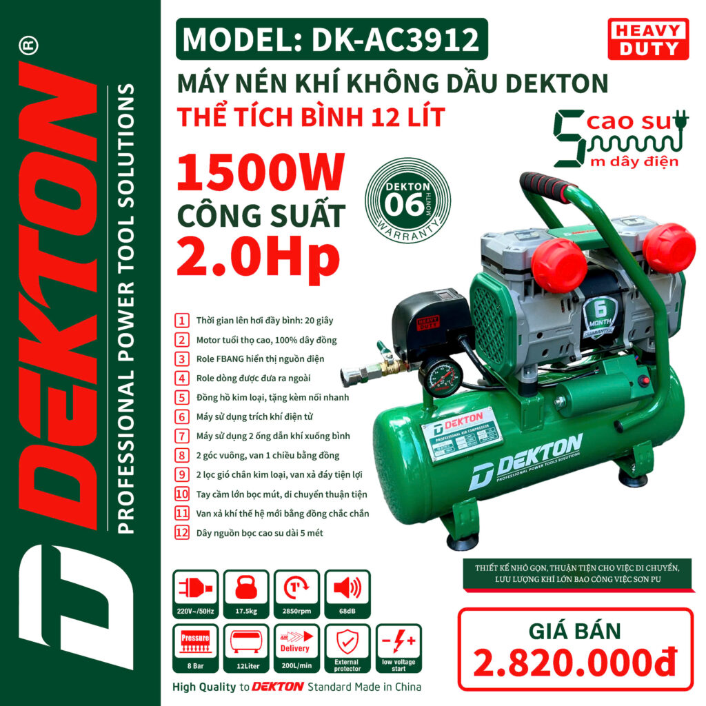 Máy Nén Khí Không Dầu Thể Tích 12 Lít DEKTON DK-AC3912