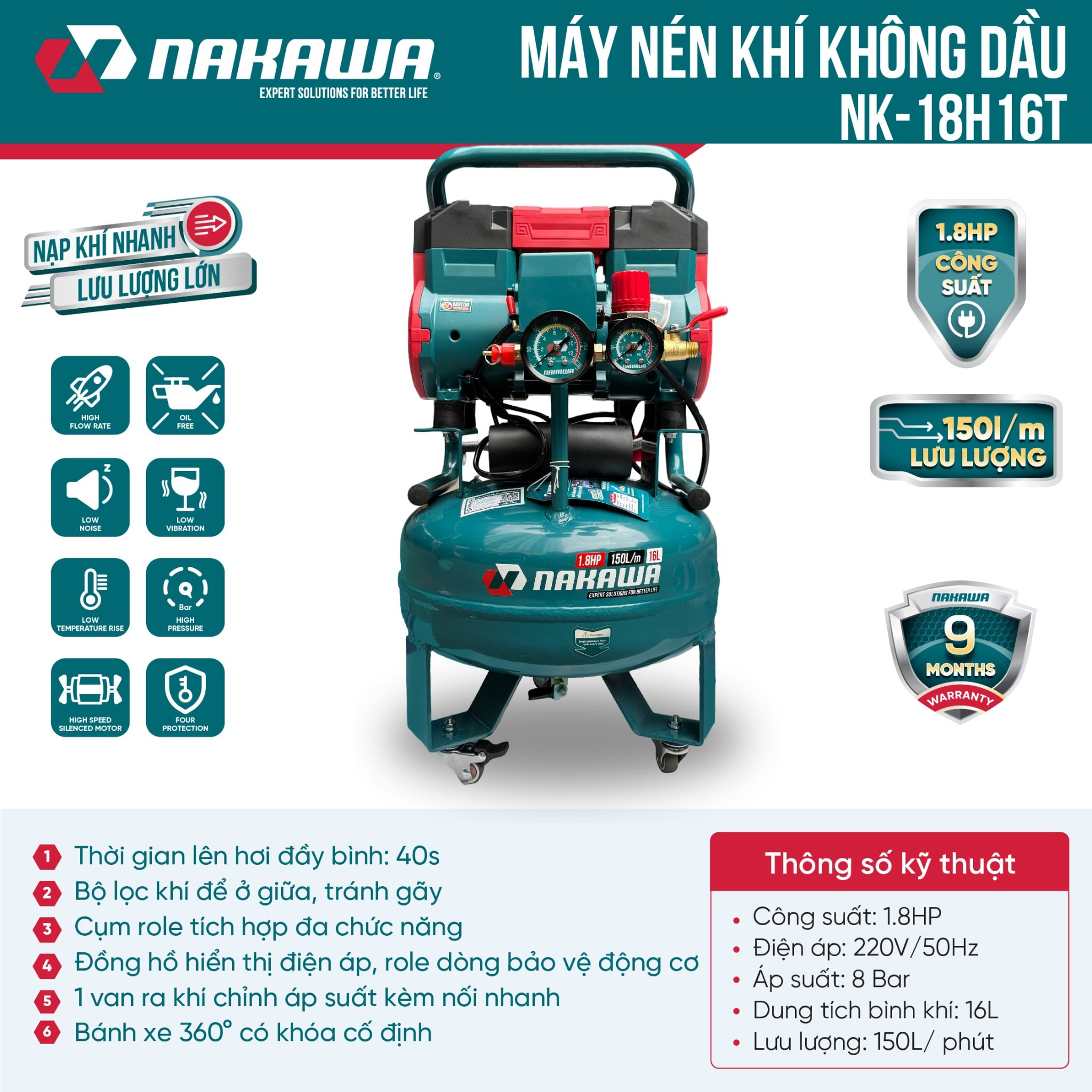 Máy Nén Khí Không Dầu Nakawa NK-18H16T 16L Công Suất 1.8HP, Bảo Hành 9 Tháng Chính Hãng