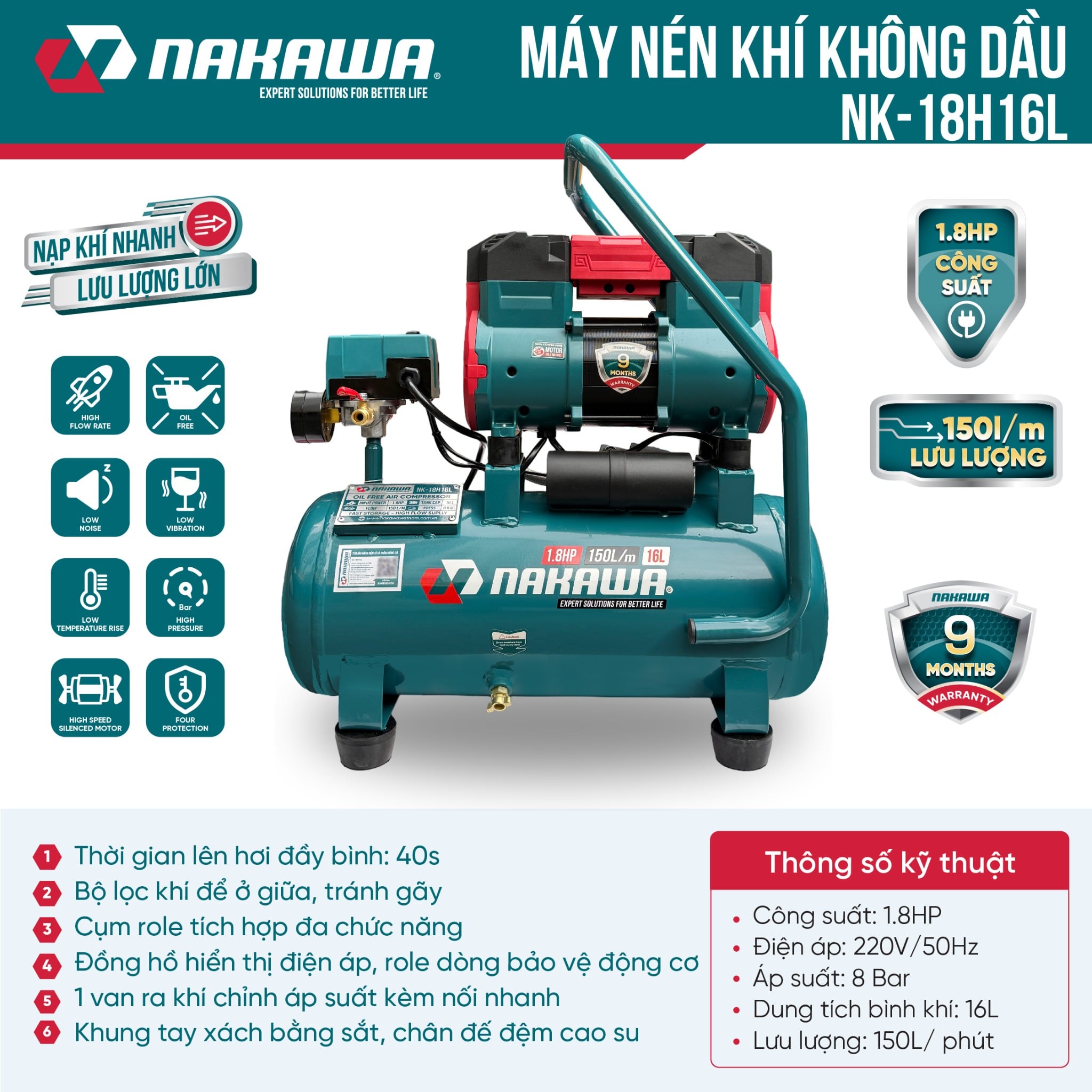 Máy Nén Khí Không Dầu 48L Nakawa NK-36H48L, Công Suất 3.6HP (2 Đầu), Bảo Hành 9 Tháng Chính Hãng