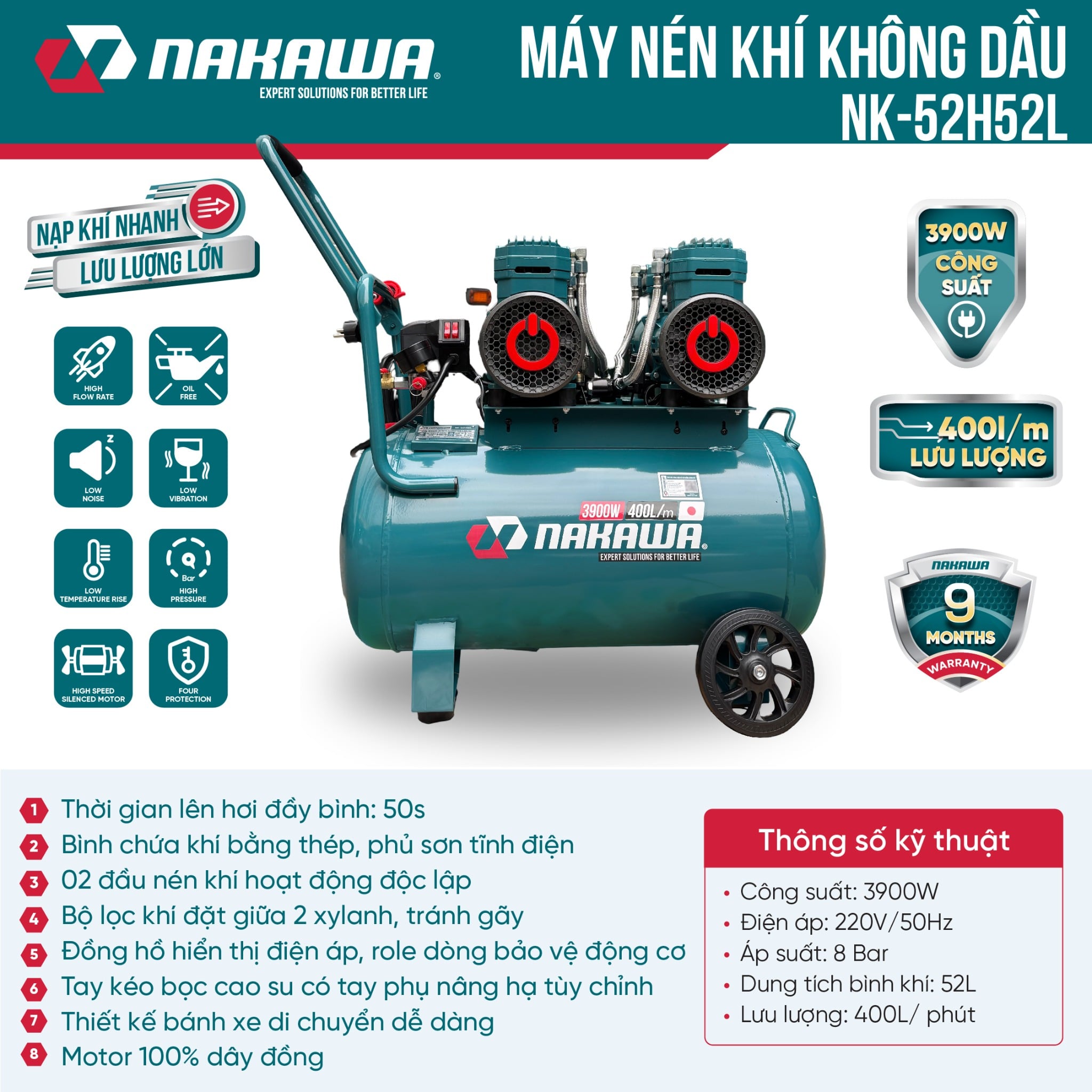 Máy Nén Khí Không Dầu 52L Nakawa NK-52H52L, Công Suất 5.2HP, Bảo Hành 9 Tháng Chính Hãng