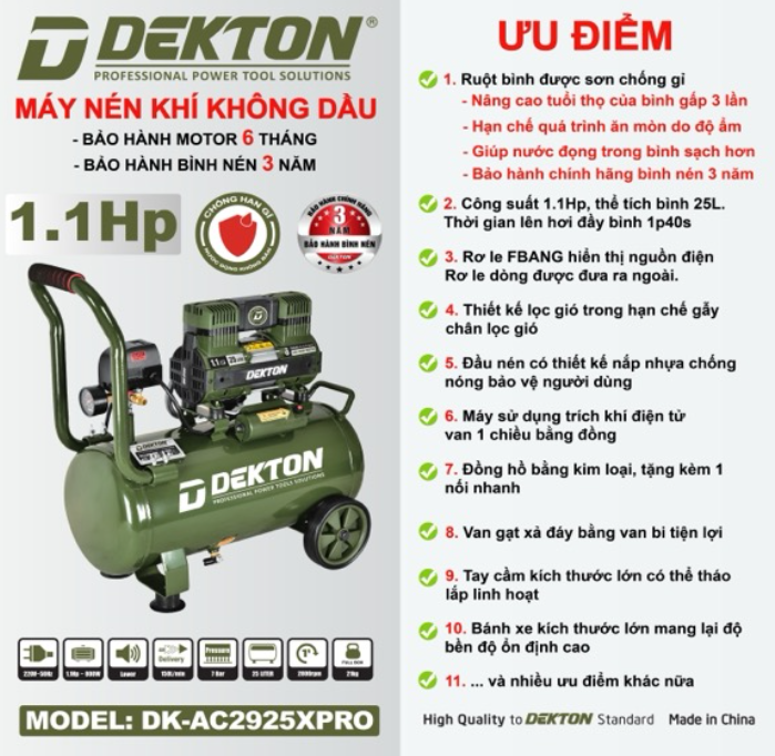 Máy Nén Khí Không Dầu Dekton 25L DK-AC2925XPRO 1.1HP 800W