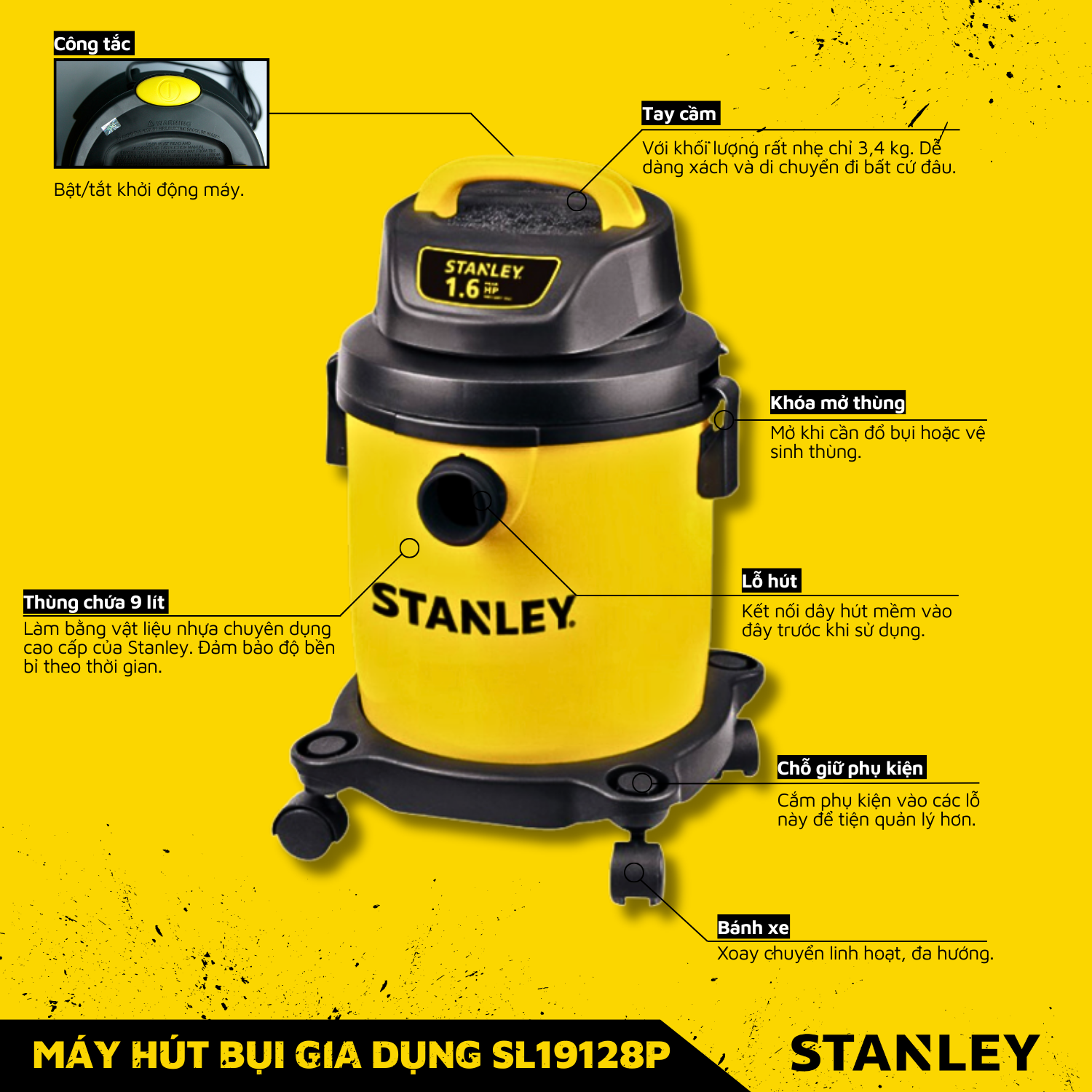 Máy Hút Bụi Gia Dụng Khô/ướt Stanley USA-SL19128P