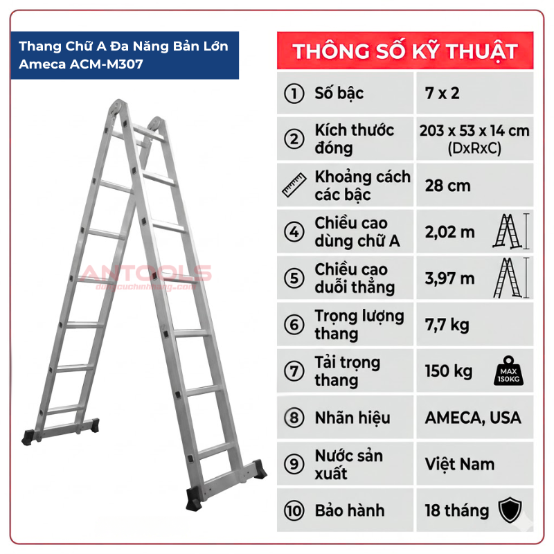 Thang Chữ A Đa Năng Bản Lớn Cao Chữ A 2m Ameca AMC-M307, Tải Trọng 150kg
