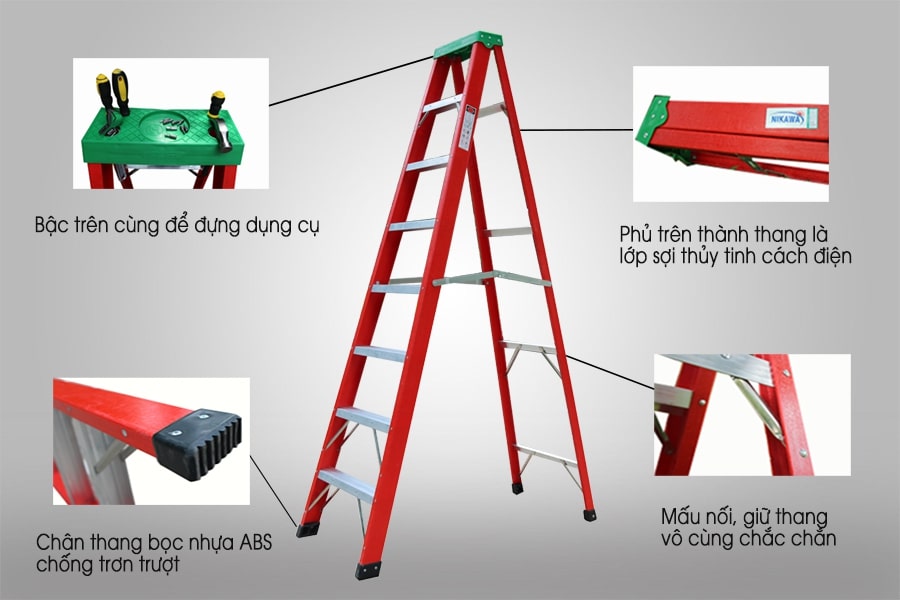 Thang Nhôm Chữ A Cách Điện 8 Bậc Cao 2m3 Nikawa NKJ-8C