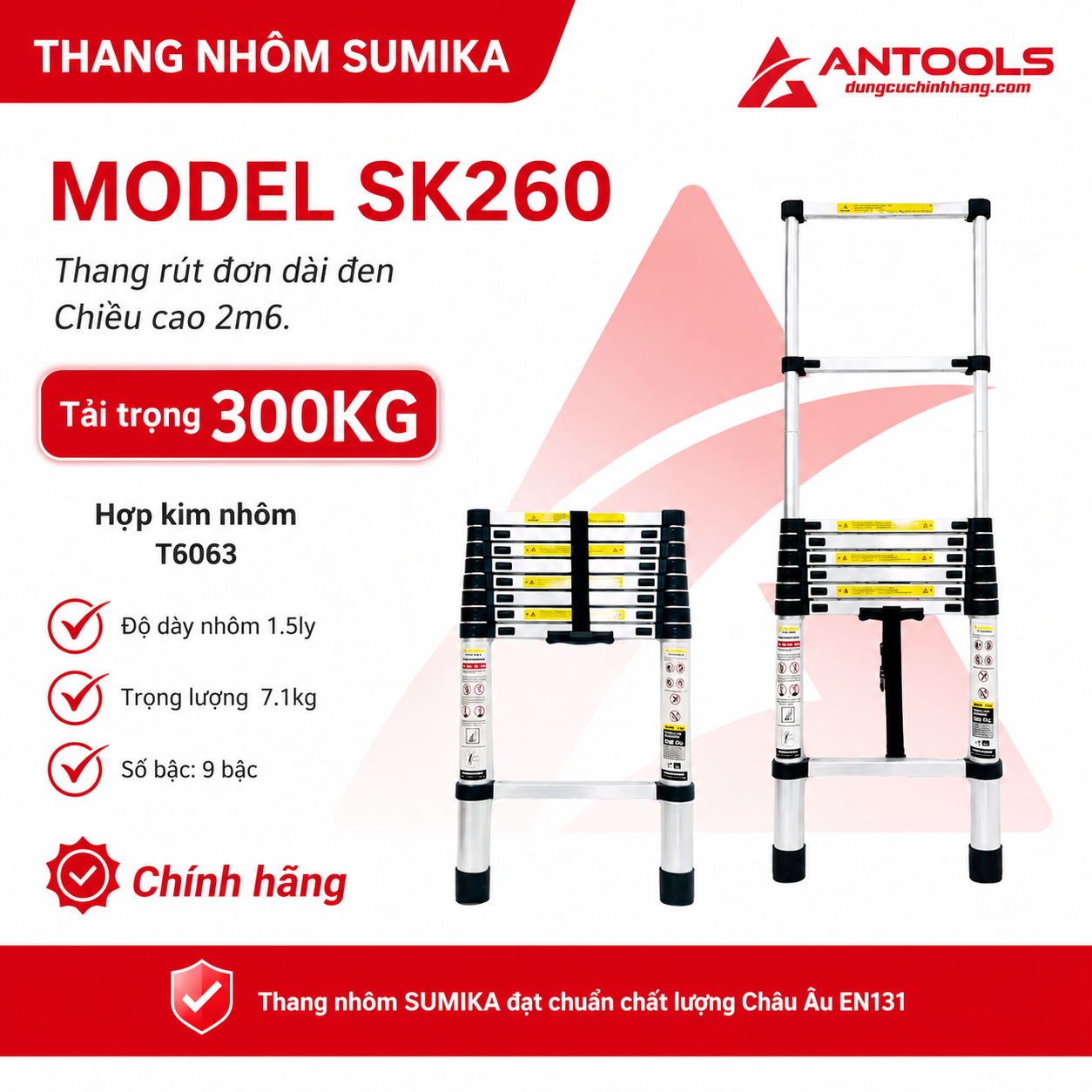 Thang Nhôm Rút Đơn Đai Đen Cao 2m6 Sumika SK260