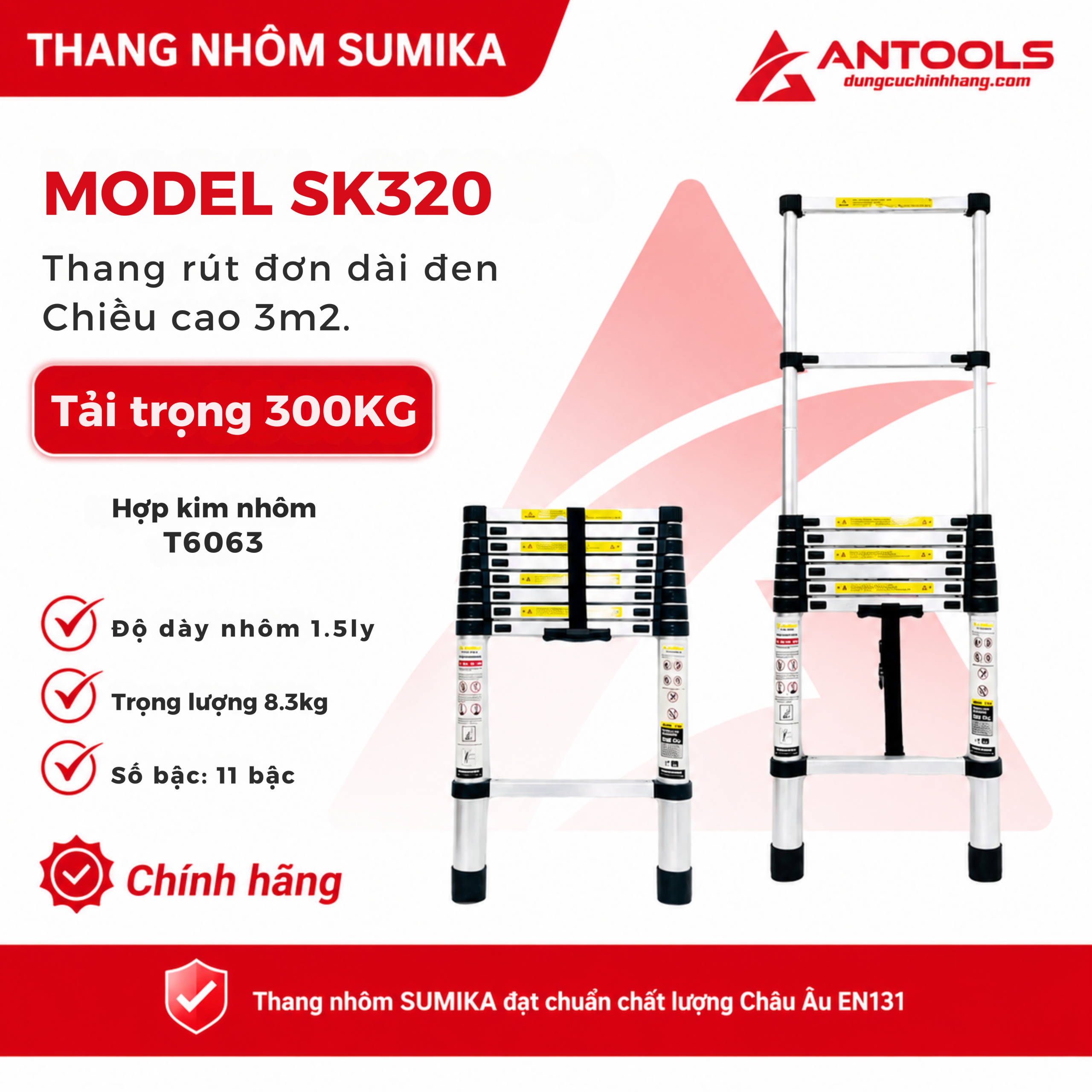 Thang Nhôm Rút Đơn Đai Đen Cao 3m2 Sumika SK320
