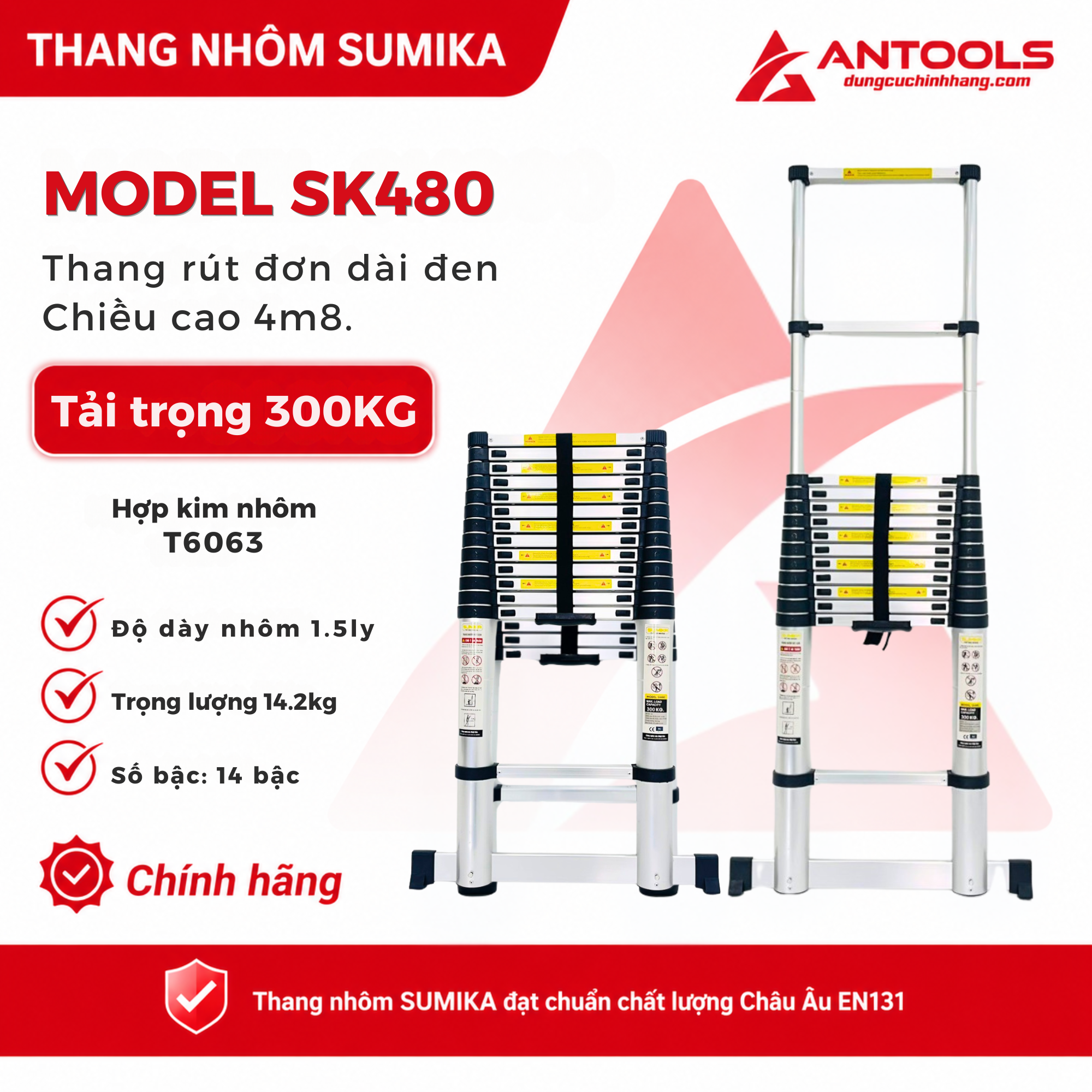 Thang Nhôm Rút Đơn Đai Đen Cao 4m8 Sumika SK480